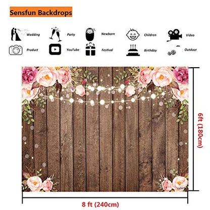 Sensfun 8x6ft Rustic Wood Floral Backdrop for Baby Shower Newborn Studio Picture Photography Retro Wooden Floor Pink Flower Wall Background Wedding Bridal Shower Birthday Party Photoshoot Booth Banner - size: 8X6ft