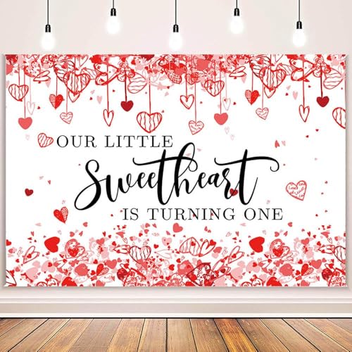 MEHOFOND 10x7ft Sweetheart 1st Birthday Backdrop Red Our Little Sweetheart is Turning One Decorations Banner Love Hearts Valentine's Day Happy First Birthday Baby Shower Background Cake Table Banner - color: First birthday, size: 10x7ft