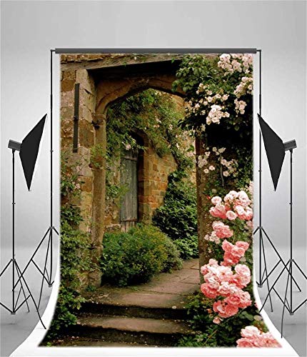 AOFOTO 10x15ft Vintage Garden Flowers Backdrop Blossoms Photography Background Medieval Castle Shabby Brick House Girl Adult Artistic Portrait Travel Photo Shoot Studio Props Video Wallpaper Drape - size: 10x15ft