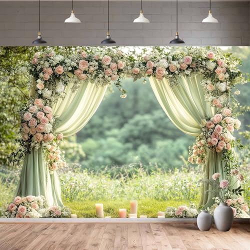 6X4ft Sage Green Floral Wall Backdrop Green Wedding Flower Arch Photography Background Spring Tea Party Backdrop Floral Girls Birthday Weeding Valentine's Day Mother's Day Event Banner Photo Props - color: Green, size: 6X4FT