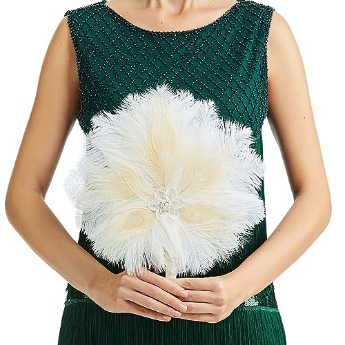 BABEYOND Vintage Bridal Feather Bouquet 1920s Ostrich Feather Fan Crystal Bridesmaid Bouquet 20s Gatsby Wedding Bouquet Flapper Accessories (Beige) - color: Beige