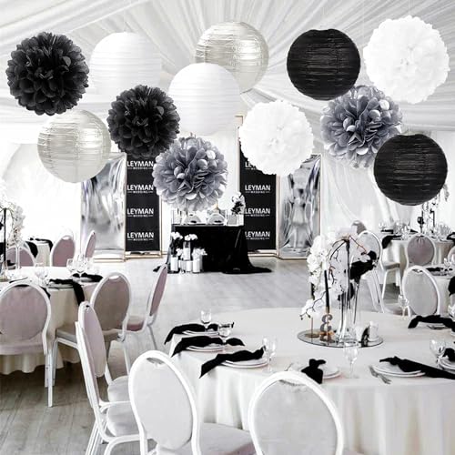 Black White Silver Party-Decorations Paper Flowers Lanterns - 15PCS Birthday Halloween Wedding Tissue Pom Poms Streamers, Halloween Prom Baby Shower Bachelorette Hanging Supplies Decor Hugfond - color: Black Silver White