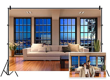 AOFOTO 8x6ft Business Office French Sash Window Backdrop Living Room Sofa Photography Background Interior Casement Work at Home Nightscape Modern Flat Furniture Apartment Decor Residence Villa Props - size: 8x6ft