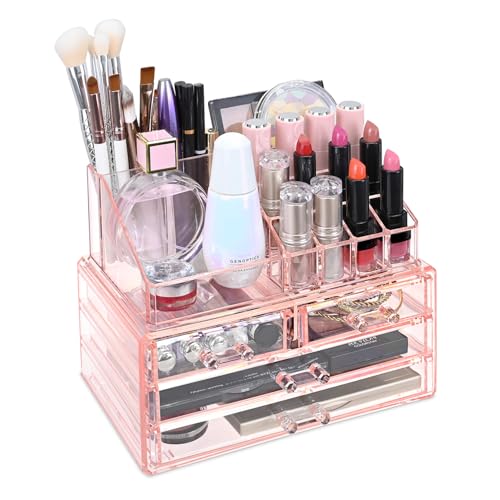 Ikee Design Pink Jewelry & Cosmetic Storage Display Boxes Two Pieces Set, Pink Cosmetic Jewelry Organizer Makeup Holder, Organizer for Vanity - color: 1a) 1 Top 4 Drawers, Pink
