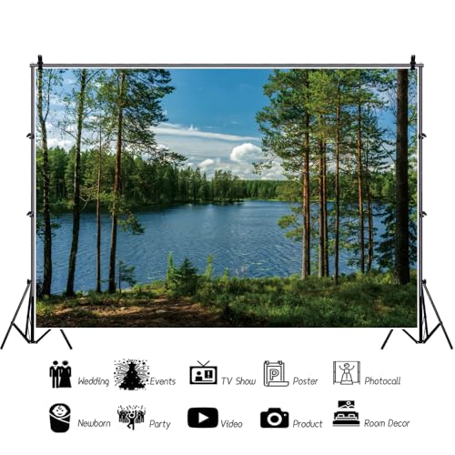 12x8ft Forest Lake Photo Backdrop Park Lakeside Green Trees Natural Scenery Background Banner Spring Summer Countryside Outdoor Picnic Camping Hiking Decor Kids Adults Portrait Studio Props - size: 12x8ft