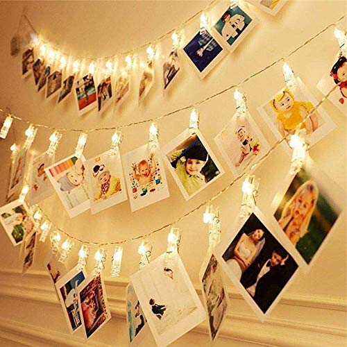 Dopheuor Photo Clip String Lights LED Fairy Clip String Lights Hanging Photo Pictures Battery Operated for Gifts Patio Christmas Bedroom Wedding Birthday Party Halloween Festival Decor (no Battery) - color: Light Yellow, size: 40