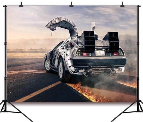 7x5FT Backdrop Time Machine Car Retro Design Burning Time Runway Backdrop for Back to Future Themed Party Decorations Photoshoot Photo Booth Props Vinyl - color: car, size: 7x5FT