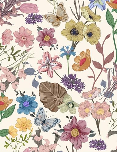EchoSphere Vintage Peel and Stick Wallpaper Floral Butterfly Removable Wallpaper 16.9" x118" Flowers Botanical Contact Paper Boho Self Adhesive Wall Paper for Bedroom Cabinets DIY Decor - color: Beige, size: 16.9" x 118"