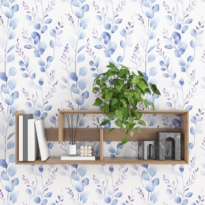 Extra Long Boho Blue Leaves Contact Paper, 17.5In x 393In Casual Eucalyptus Botanical Peel and Stick Wallpaper for Bedroom Cubicle Kitchen, Vinyl Natural Foliage Mural Self Adhesive Wall Paper - color: White/Pale Blue, size: 17.5" x 393"