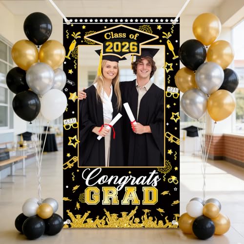 AIBIIN Class of 2026 Graduation Photo Backdrop Black and Gold Graduation Decorations Congrats Grad Party Decoration for High School College