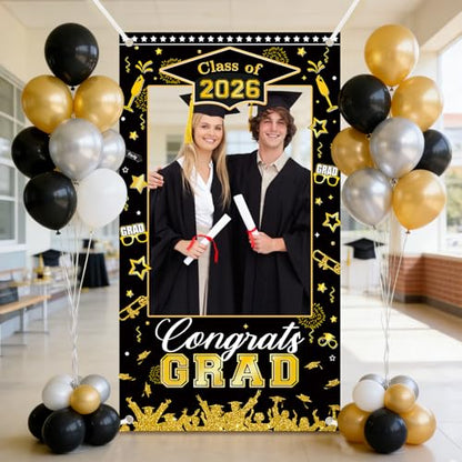 AIBIIN Class of 2026 Graduation Photo Backdrop Black and Gold Graduation Decorations Congrats Grad Party Decoration for High School College