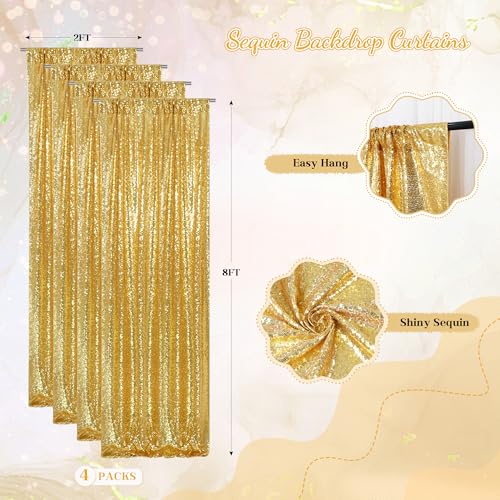 PartyDelight Gold 2FT X 8FT Sparkly Sequin Backdrop Curtains 4 Panels for Wedding, Party, Room Decorations. - color: Gold, size: 24"W x 96"L (Pack of 4)