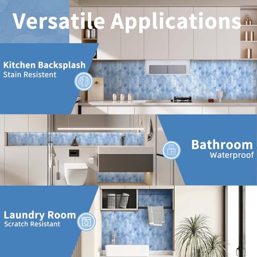 Tilingview 10-Sheet Peel and Stick Backsplash Tile for Kitchen, Self-Adhesive Mosaic Glossy Leaf Stick on Wall Tile with Gaps (Sky Blue) - color: Leaf Gaps Sky Blue