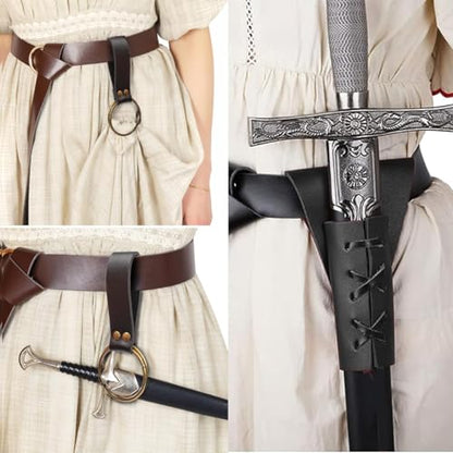 4PCS Medieval Leather Sword Frog Dagger Holder Belt Rapier Scabbard Viking Knight Renaissance Belt Pouch Halloween Costume - color: Pattern-black