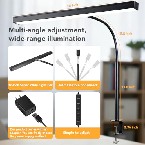 LED Desk Lamp for Office Home, Eye- caring Lamp with 10 Meter Remote Control Function, 5 Modes 10 Brightness Adjustable Desk Light Flexible Gooseneek Clip - on Light for Studying, Workbench (black) - color: T-shaped-Black