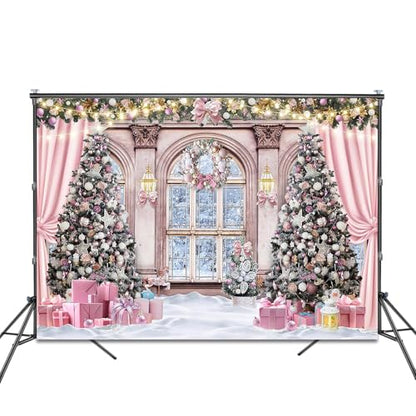 Christmas Backdrop for Photography 8x6ft Christmas Window Snowy Winter Scenery Photography Background Pink Curtain Snowy Forest Outside The Window Family Photo Shoot Booth Props - size: 8x6ft