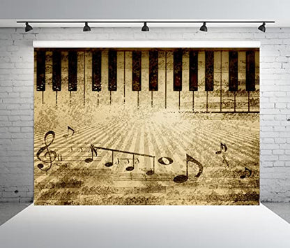 BELECO 7x5ft Fabric Retro Music Piano Backdrop Grunge Piano Keyboard Music Symbol Music Notation Old Music Sheet Photography Background Music Theme Party Decorations Photo Booth Studio Props