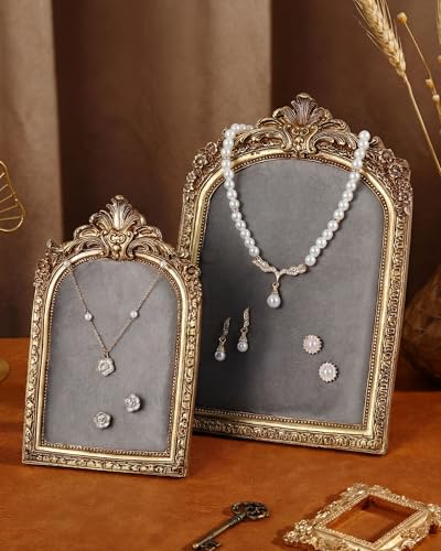Wonderjune 2 Pcs Gold Jewelry Display Stand Vintage Necklace Organizer Ring Holder Earring Tray Resin Jewelry Photography Props Frame with Velvet Backing for Gifts (Grey,Large,Small,Elegant) - color: Grey, size: Large,Small, style: Elegant