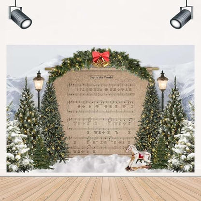 Merry Christmas Joy to The World Sheet Music Photography Background Snow Scene Mountain Christmas Tree Backdrops Xmas Party Supplies Family Kids Party Banner Merry Backdrop,5x3feet - size: 5x3feet