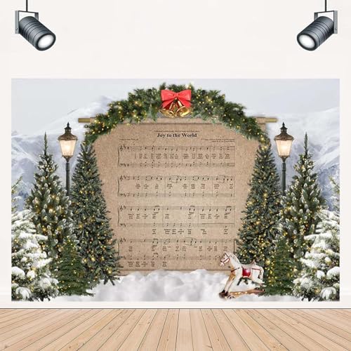 Merry Christmas Joy to The World Sheet Music Photography Background Snow Scene Mountain Christmas Tree Backdrop, 9x6 Feet - size: 9x6feet