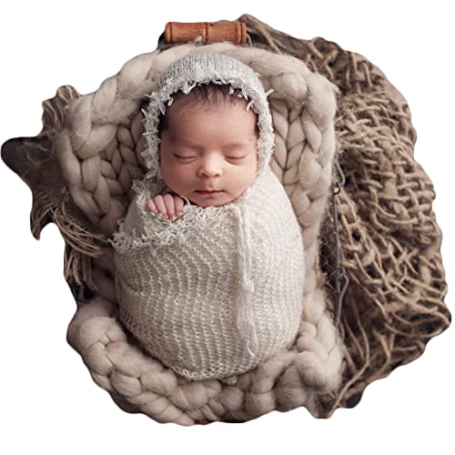 Baby Photography Props Luxurious Lace Hat with Blanket Newborn Photo Shoot Outfits Infant Princess Photos Hats Wrap Set (Cream) - color: Cream