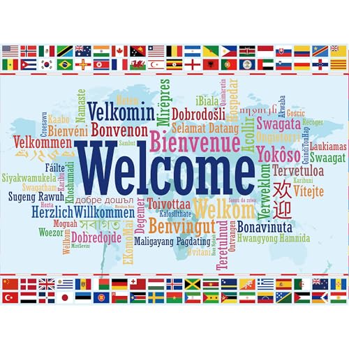 International Flag Backdrop 8Wx6H Feet Polyester Fabric World Map Colorful Multilingual Welcome Banner Decoration Country Events Sports Club Favors Photography Background Photo Shoot Props - color: A-11Welcome, size: 8Wx6H