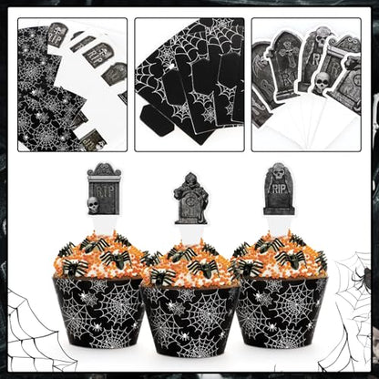 48 Pack Halloween Cupcake Toppers and Black Spider Web Wrappers, Tombstones Skeleton Cupcake Picks Decoration for Halloween Party Birthday Party Supplies - style: Halloween