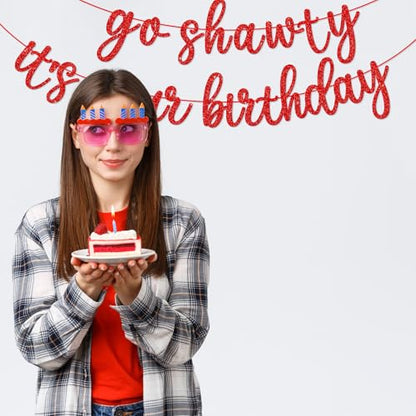 Go Shawty It's Your Birthday Banner, Hip Hop Birthday Party Decorations Supplies, Rap Theme Bday Bunting Sign, Pre-strung, Photo Props (Red) - color: Red