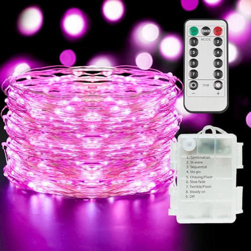 suddus Pink Fairy Lights Battery Operated Outdoor Waterproof, 33ft 100 Led String Lights with Remote, Twinkle Lights for Bedroom, Dorm, Tapestry, Christmas, Party Decorations - color: Pink, size: 100LED