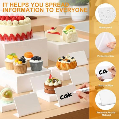 Blosssound 8 Pieces White Acrylic Risers with 8 Signage 2 Markers, 3-10 Inch Cube Nesting Risers Display Stands with Hollow Bottoms for Buffet Table Catering Dessert Food Collectibles Show