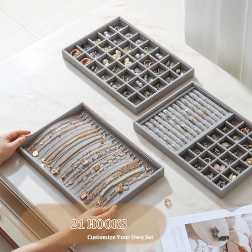 Large Velvet Jewelry Tray 2 Pack Stackable Jewelry Display Drawer Inserts Trays Organizer for Earring Bracelet Necklace Ring (Gray, 20 Hooks) - color: Gray, size: 20 Hooks