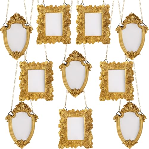 Weysat 10 Pcs Mini Hanging Gold Picture Frame Ornaments Small Hanging Antique Frame with Back and Chain Tiny Baroque Resin Picture Display for Home Wedding Holiday Christmas Tree (Classic Style) - style: Classic