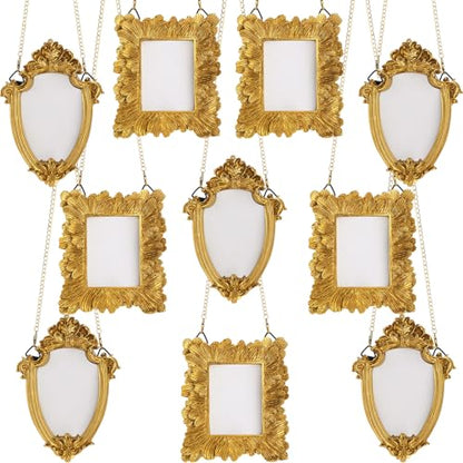 Weysat 10 Pcs Mini Hanging Gold Picture Frame Ornaments Small Hanging Antique Frame with Back and Chain Tiny Baroque Resin Picture Display for Home Wedding Holiday Christmas Tree (Classic Style) - style: Classic