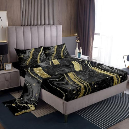 Erosebridal Black Marble Bed Sheets Full Size for Kids Boys Girls Teens - Modern Chic Geometric Flat Fitted Sheet Marbling Aesthetic Sheet Set Liquid Metallic Texture Sheets - color: Black, size: Full