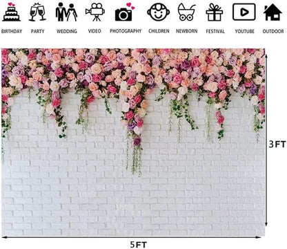5x3ft White Brick Wall Floral Backdrop with Hanging Flowers – Spring Garden Photo Backdrop for Bridal Shower, Baby Shower, Birthday Party, Wedding Photography Decoration 134 - size: 5x3ft