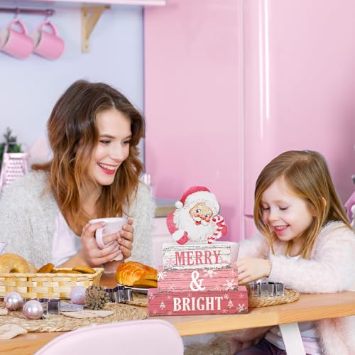 Geelin 4 Pcs Christmas Wooden Tabletop Decor Pink Winter Santa Tiered Tray Decor Christmas Centerpiece Rustic Decorative Block Signs Gift Farmhouse Table Decoration for Home Kitchen - style: Santa