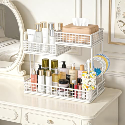 BCWW 3 Tiers Makeup Organizer Countertop Multi Bathroom Counter Organizer Metal Fruit Basket Perfume Skincare Organizers Holder for Vanities, Cabinet, Cosmetic, Dresser Organizer (Square(White)) - color: Square(White)