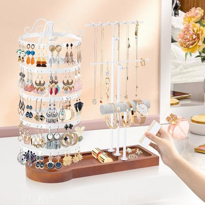 KALYLOC Jewelry Earring Holder Organizer, Adjustable 5 Tiers Rotating Earring Holder 3 Tier Necklace Holder with Wooden Base, Multi-Functional Jewelry Organizer Display Stand for Studs Bracelet Women - color: White