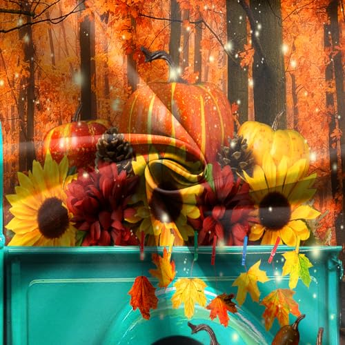 10x8 FT Fall Forest Blue Truck Backdrop Autumn Forest Pumpkin Maple Leaf Sunflower Harvest Theme Photography Background Thanksgiving Party Decorations Banner Portrait Photo Studio Props, Clear - size: 10x8 FT