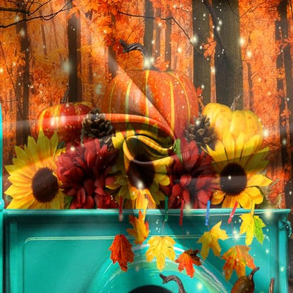 10x8 FT Fall Forest Blue Truck Backdrop Autumn Forest Pumpkin Maple Leaf Sunflower Harvest Theme Photography Background Thanksgiving Party Decorations Banner Portrait Photo Studio Props, Clear - size: 10x8 FT