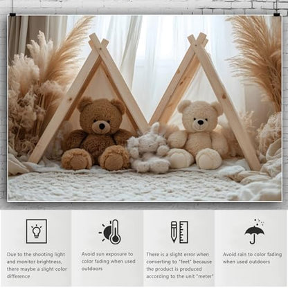 YongFoto Bear Theme Backdrop 5x3ft Tent Blanket Pampas Boho Photography Background Baby Shower Cradle Ceremony Kid Birthday Party Banner Baby Portraits Photoshoot Wallpaper Photo Studio Booth Prop - color: Style 1, size: 5ftx3ft