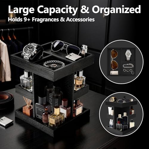 Cologne Organizer for Men, 3-Tier Rotating Perfume Stand - Large Capacity Wooden Display Shelf & Storage for Fragrance, Watch, Sunglasses - Modern Desk, Dresser Top, Bathroom Organizer - Birthday Anniversary Ideal Gift for Husband, Boyfriend, Father