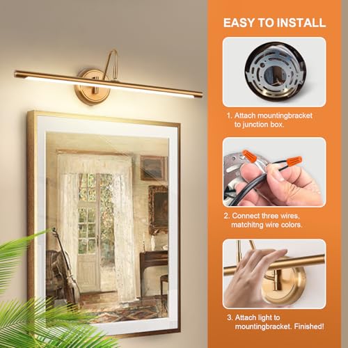 JOOSENLUX Picture Lights 24.4'' Inch Brass for Painting Display Wall Mount Brief Metal Artwork LED Wall Sconces Lamps14W(70W Eqv.),Warm White 3000K,Hardwire Swing Arm - color: Hard-Wired Brass, size: Non-Dimmable 24.4 inch