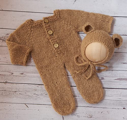 Newborn Photography Props Boys Girls Outfits Mohair Bear Hat Bonnet & Footed Romper Bodysuit Photoshoot Costume Set - color: Camel