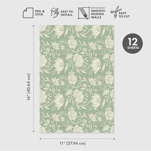 Main Street Peel and Stick Wallpaper Eco-Friendly Sheets 12 Pack, 11 X 16 Inch Block Print Floral Design, Wall Mural for Home Decor, Removable Wall Decor Wallpaper Peel and Stick for DIY Projects - style: Block Print Floral