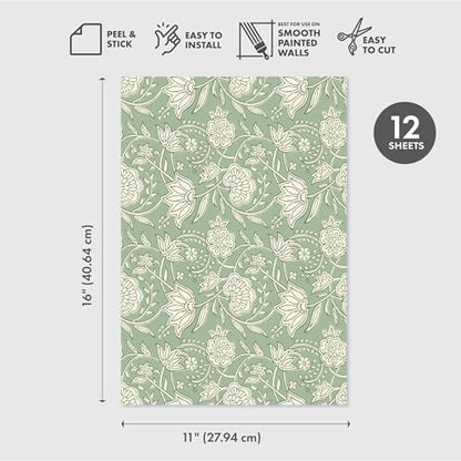 Main Street Peel and Stick Wallpaper Eco-Friendly Sheets 12 Pack, 11 X 16 Inch Block Print Floral Design, Wall Mural for Home Decor, Removable Wall Decor Wallpaper Peel and Stick for DIY Projects - style: Block Print Floral