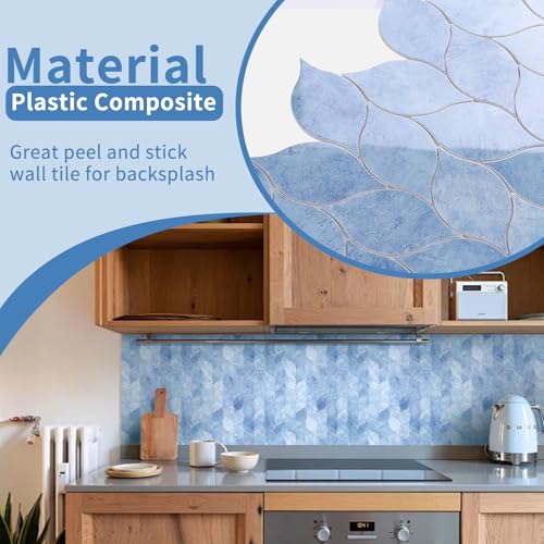Tilingview 10-Sheet Peel and Stick Backsplash Tile for Kitchen, Self-Adhesive Mosaic Glossy Leaf Stick on Wall Tile with Gaps (Sky Blue) - color: Leaf Gaps Sky Blue