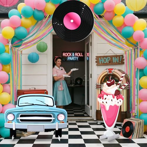 Soulchen 3 Pcs Large 50s Photo Booth Props Party Decorations Retro Car Soda Cup Record Disc Cardboard Cutout 50s Photo Backdrop Sign Birthday Decorations for Rock and Roll 1950s Party Supplies - style: 50s
