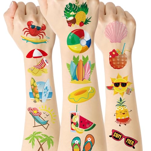 ADXCO 144 Pieces Summer Pool Party Tattoos Hawaiian Luau Themed Tattoos Waterproof Beach Temporary Tattoos Stickers for Adults, Tropical Party Decorations Supplies Favors