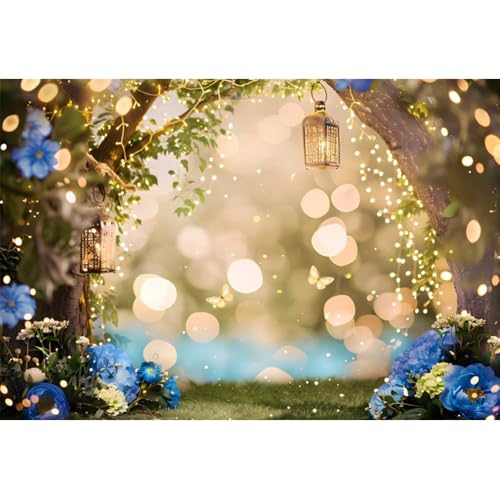 9x6ft Enchanted Fairy Forest Backdrop Fairytale Wonderland Woodland Butterfly Flowers Tree Photography Background Princess Fairy Birthday Party Newborn Baby Shower Decor Photo Prop(Blue) - color: Blue A, size: 9x6ft